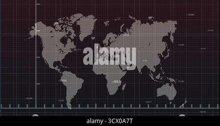 Displaying world map silhouette over grid screen, with axis lines, tick marks and coordinate labels Stock Photo