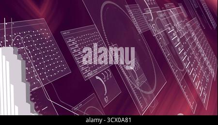 Floating translucent interface panels presenting data in virtual workspace, with grid charts Stock Photo