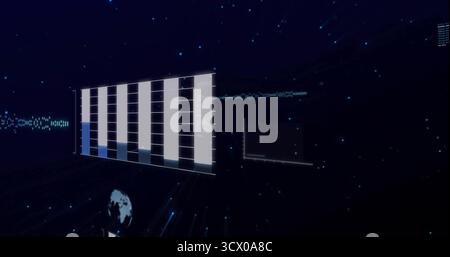 Displaying floating 3D bar chart in dark interface, with grid-style line graph and data streams Stock Photo