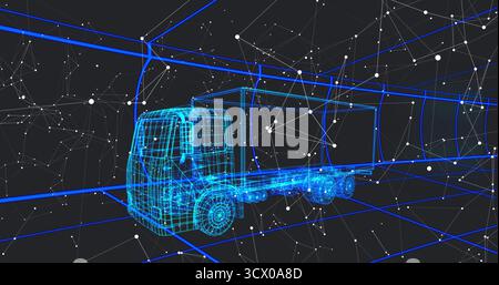 Displaying wireframe semi-truck model floating digital design space, with network nodes, grid lines Stock Photo