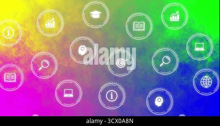 Hovering icon cluster floating over digital art background, with information and analytics symbols Stock Photo
