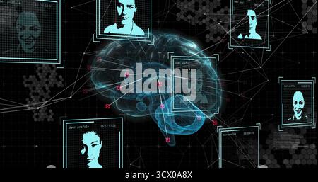 Displaying central holographic brain floating over grid, linking user profiles with red nodes Stock Photo