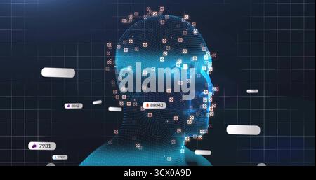 Showing 3D wireframe head in digital interface, with grid, landmarks and floating social metrics Stock Photo