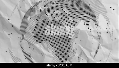 Displaying halftone world map pattern across crumpled paper in flat graphic layout with wrinkles Stock Photo