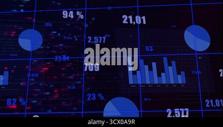Displaying analytics dashboard on grid interface, with blue pie charts, bar chart and numeric stats Stock Photo