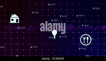 Displaying lightbulb map-pin centered on blue grid with purple nebula, house and utensils icons Stock Photo