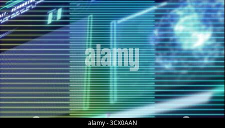 Displaying interface over scan lines in console, with neon panels, code display and swirling orb Stock Photo