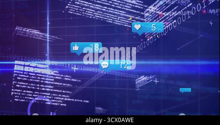 Showing social media notification icons floating on virtual interface with code text binary streams Stock Photo