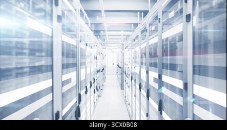 Illuminating server cabinets revealing glowing LEDs in data center corridor, showing cable conduits Stock Photo