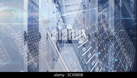 Displaying server racks featuring LEDs and cables in data center corridor, showing digital overlay Stock Photo