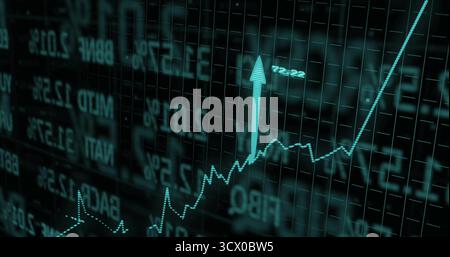 Displaying digital financial line graph rising on trading terminal, with upward arrow and tickers Stock Photo