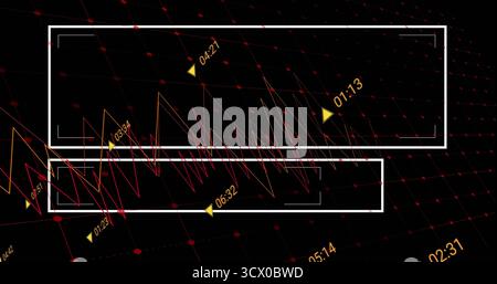 Displaying white rectangular frames on black grid, with time-stamped graphs and yellow markers Stock Photo