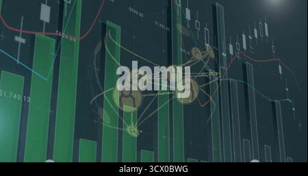 Displaying yellow user icons connecting with glowing lines on financial dashboard, green bar charts Stock Photo