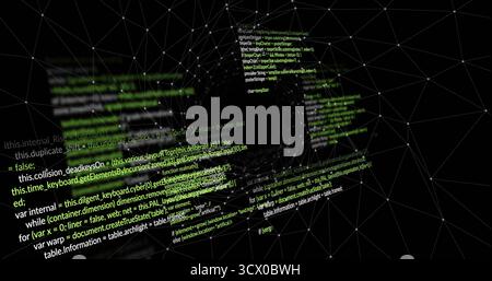 Floating code panels showing JavaScript syntax in digital mesh, with white wireframe mesh network Stock Photo