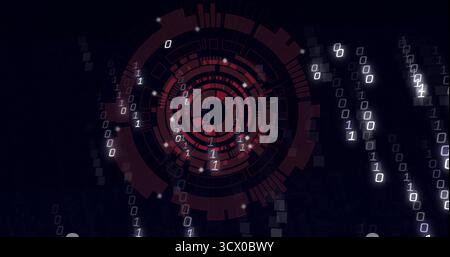 Displaying central red HUD-like interface at digital overlay, with binary digits, squares and nodes Stock Photo