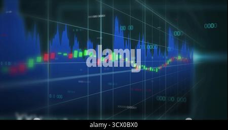 Displaying 3D financial data visualization dashboard, with candlesticks and rising blue area graph Stock Photo