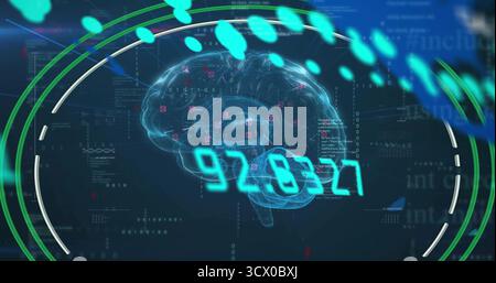 Showing neon-blue wireframe brain hologram on virtual dashboard with numeric overlay 92 Stock Photo