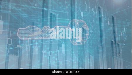 Floating circuit key icon hovering over data interface, showing candlestick bars and grid lines Stock Photo