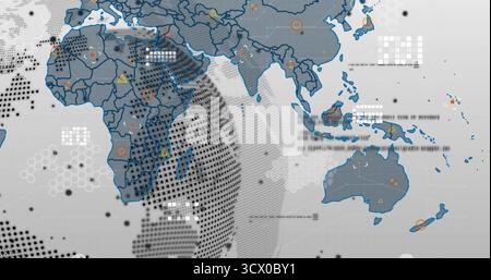 Displaying flat world map in data dashboard, with dotted globe grid, hex pattern clusters Stock Photo