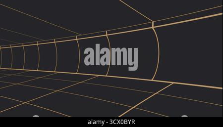 Displaying gold tunnel structure extending into distance in 3D model environment, grid lines Stock Photo
