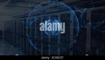 Hovering translucent blue digital sphere in data center corridor, with LED racks, network cables Stock Photo