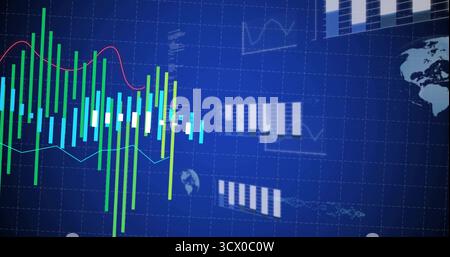 Displaying green bar clusters with red and light blue line graphs on trading screen, copy space Stock Photo