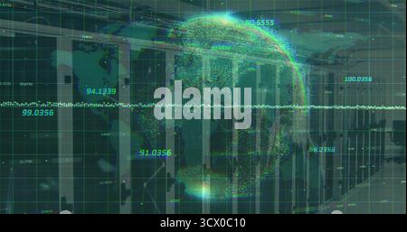 Displaying holographic data globe floating over server racks at data center, with numeric metrics Stock Photo