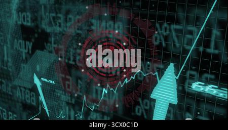 Displaying line graph and arrow rising on dashboard with stock ticker, red HUD overlay, copy space Stock Photo