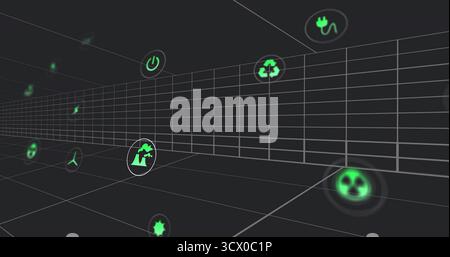 Extending grid corridor forming tunnel in digital space, with glowing recycling and nuclear icons Stock Photo