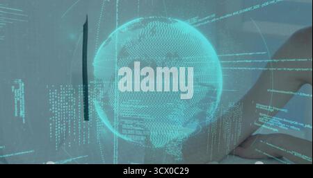 Projecting holographic Earth globe hovering in modern interior display, with floating code graphics Stock Photo