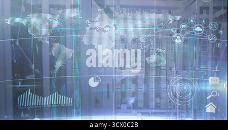 Displaying server racks projecting world map, analytics overlays and cloud icons in data center Stock Photo