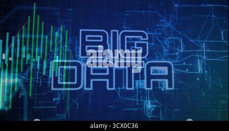 Displaying text BIG DATA floating over dashboard with green bar charts and network node diagrams Stock Photo