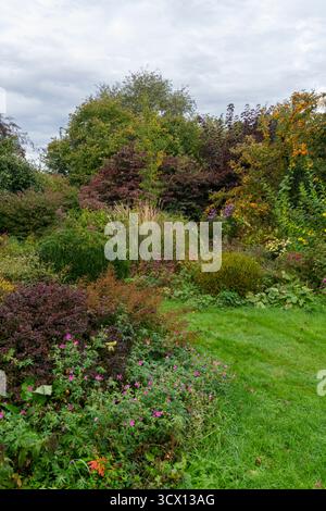 English country garden in autumn with mature planting of mixed trees, shrubs and perennials. Stock Photo