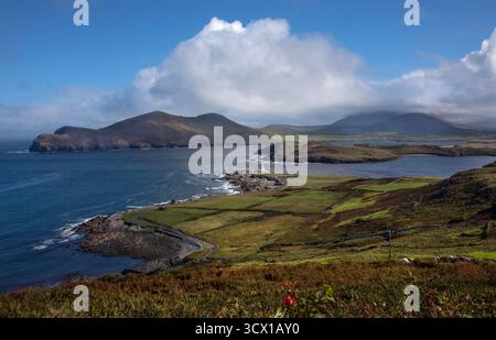 view from peak of Valencia island towards coast and peninsula,Ring of Kerry, County Kerry, Ireland Stock Photo