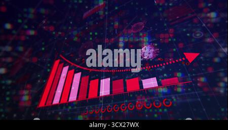 Displaying holographic bar chart and dotted red trend curve rising on dark grid, with virus models Stock Photo