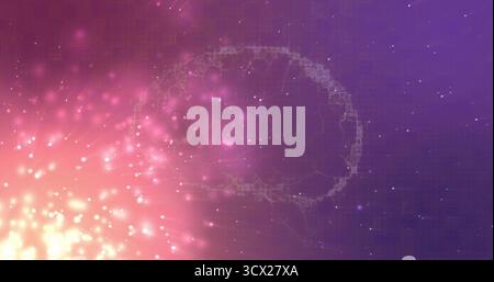 Displaying wireframe brain outline glowing against purple grid backdrop, featuring particles Stock Photo
