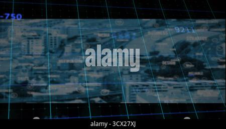 Displaying cyan grid overlaying urban aerial view, with floating data panels, icons, numeric labels Stock Photo