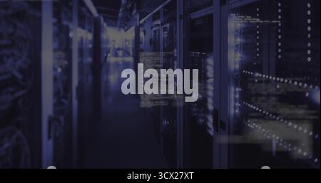 Glowing corridor of server racks casting cool blue light in data center, with floating code overlay Stock Photo
