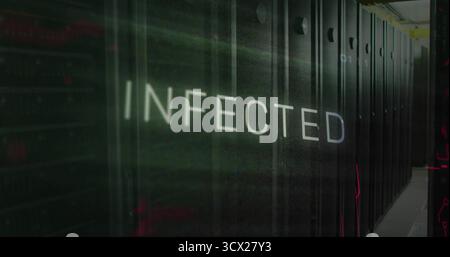 Displaying glowing INFECTED text flickering in server rack corridor, with red circuit overlays Stock Photo