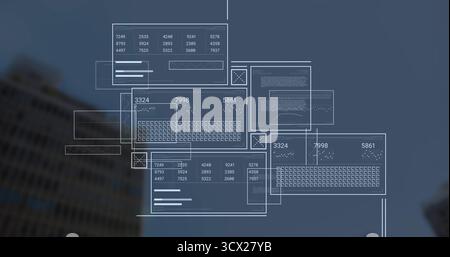 Floating wireframe panels projecting numeric tables and graphs over city facade, with keyboard grid Stock Photo