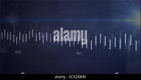 Displaying glowing waveform bars on blue interface, with labels 60 175 31, social icons, lens flare Stock Photo