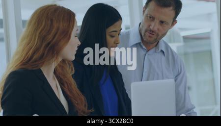 Senior professionals in business attire reviewing materials on laptop in office, with natural light Stock Photo