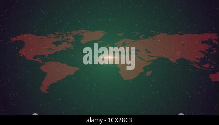 Displaying stylized red world map glowing over Mediterranean and North Africa in starry backdrop Stock Photo