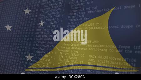 Displaying monospaced network code on dark blue backdrop, with yellow curve and white star icons Stock Photo