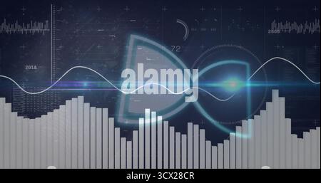 Displaying equalizer bars with glowing semi-circular UI streaming waveform over interface grid Stock Photo