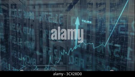 Displaying server racks and cables in corridor, overlaying financial graph arrow and binary streams Stock Photo