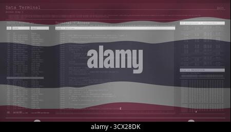 Displaying terminal interface on screen, with credentials, code editor, keysearch metrics, hex dump Stock Photo