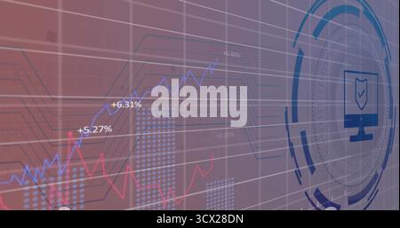 Displaying circular monitor icon on dashboard with grid lines, red and blue line charts, copy space Stock Photo