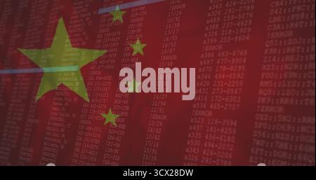 Displaying Chinese flag with yellow stars over red code columns on screen with error messages Stock Photo