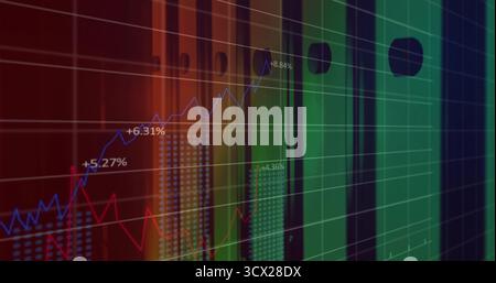 Displaying chart on screen, featuring colored bars, gridlines, percentage labels and line graphs Stock Photo